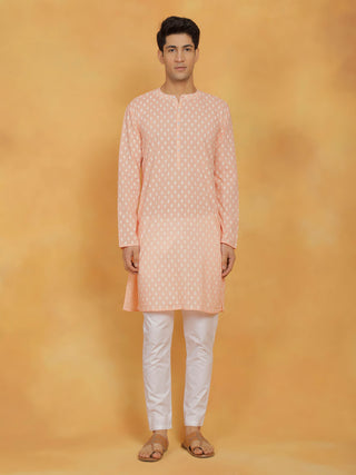 Vastramay Men's Peach And White Cotton Kurta and Pyjama Set