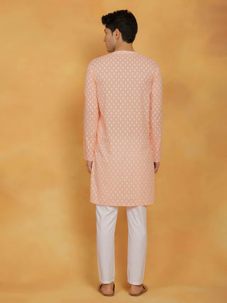 Vastramay Men's Peach And White Cotton Kurta and Pyjama Set