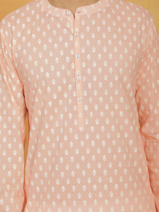 Shvaas By Vastramay Men's Peach And White Cotton Kurta and Pyjama Set