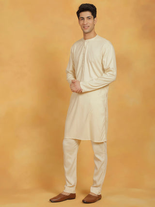 VASTRAMAY Men's Cream Linen Cotton Kurta And Pyjama Set