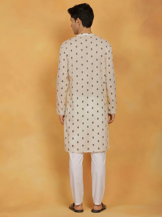 Vastramay Men's Cream And Whiite Cotton Kurta And Pyjama Set