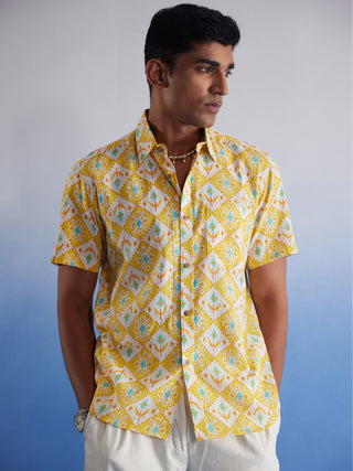 SHVAAS BY VASTRAMAY Men's Yellow Ikkat Print Cotton Shirt