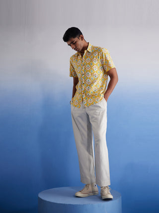 SHVAAS BY VASTRAMAY Men's Yellow Ikkat Print Cotton Shirt