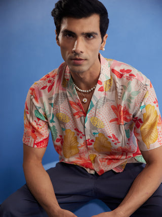 SHVAAS BY VASTRAMAY Men's Multicolor Floral Printed Half Shirt
