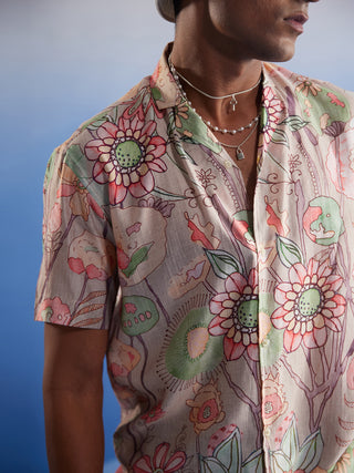 SHVAAS BY VASTRAMAY Men's Pink Base Multi-Color Floral Printed Half Shirt