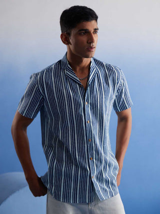 Vastramay Men's Blue Striped Shirt