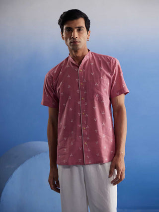 Vastramay Men's Pink Booti Jacquard Cotton Shirt