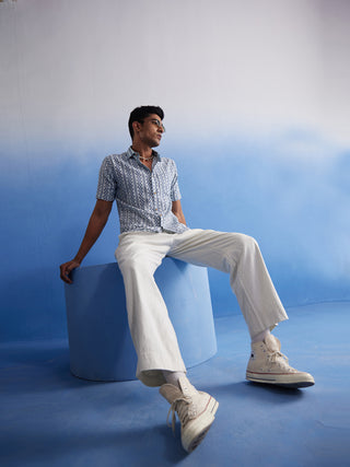 Vastramay Men's White And Blue Kantha Stich Cotton Shirt