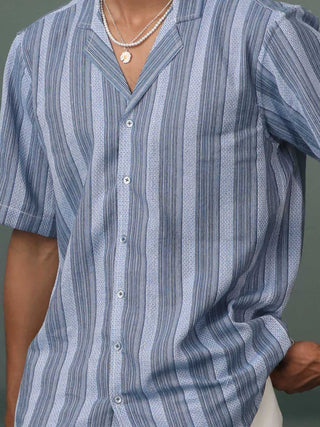 SHVAAS By VASTRAMAY Men's Blue Knitted Cotton Blend Stripes Shirt