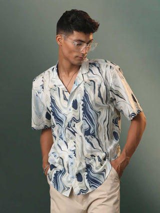 Vastramay Men's Multi-Color Base Cream Marble Print Cotton Shirt