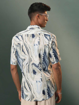 Vastramay Men's Multi-Color Base Cream Marble Print Cotton Shirt