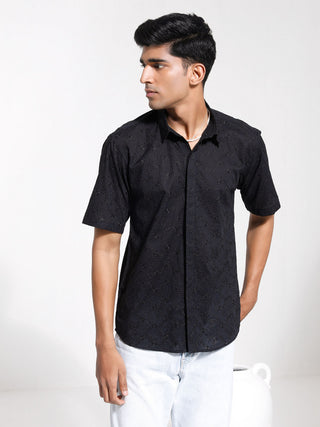 VASTRAMAY Men's Black Cotton Ethnic Shirt