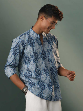 SHVAAS By VASTRAMAY Men's Blue And Grey Printed Cotton Shirt