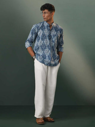 VASTRAMAY Men's Blue And Grey Printed Cotton Shirt