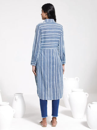 VASTRAMAY Women's Blue Striped Cotton Shirt Style Kurta