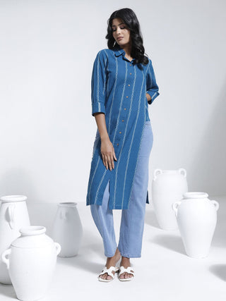 VASTRAMAY Women's Blue Jacquard Cotton Shirt Style Kurta