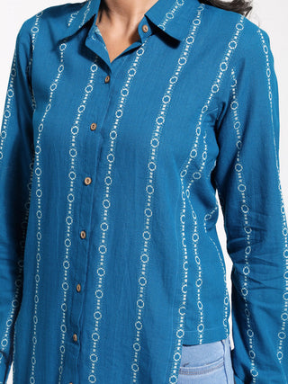 VASTRAMAY Women's Blue Jacquard Cotton Shirt Style Kurta