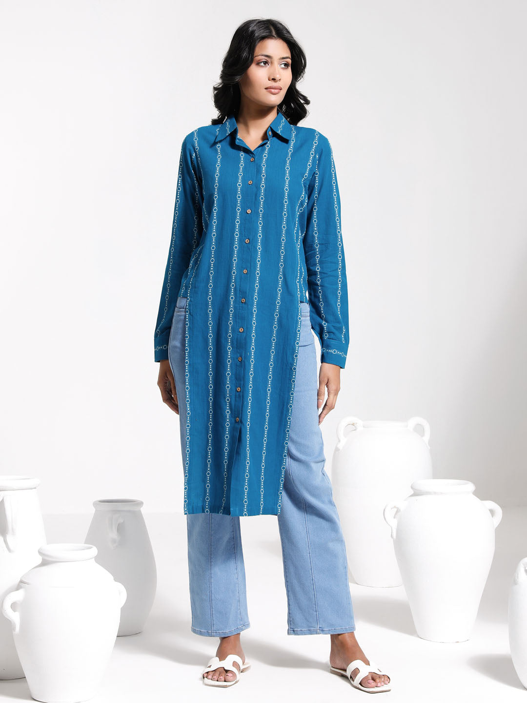 Women's Blue Jacquard Cotton Shirt Style Kurta