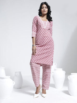 VASTRAMAY Women's Pink Printed Cotton Kantha Kurta Pant Set