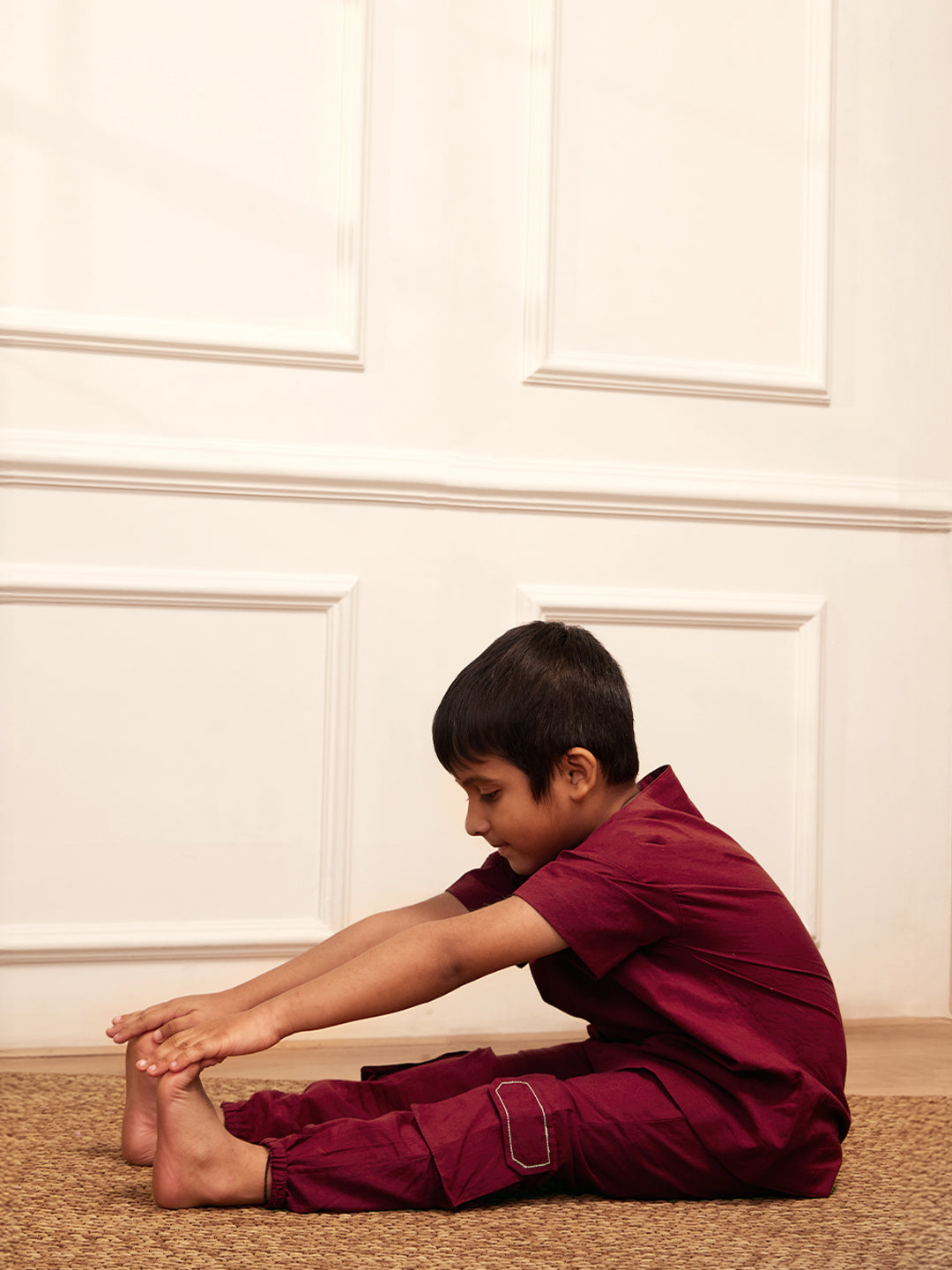 Boy's Maroon Solid Cotton Yoga Kurta Set With Cargo Pants