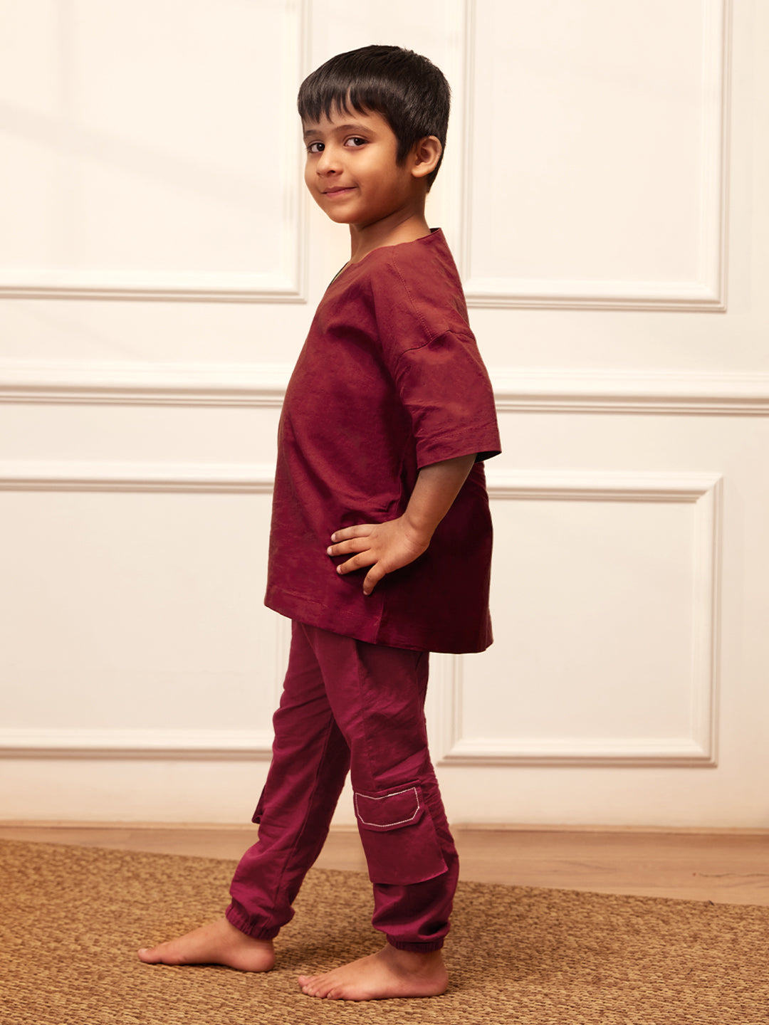 Boy's Maroon Solid Cotton Yoga Kurta Set With Cargo Pants