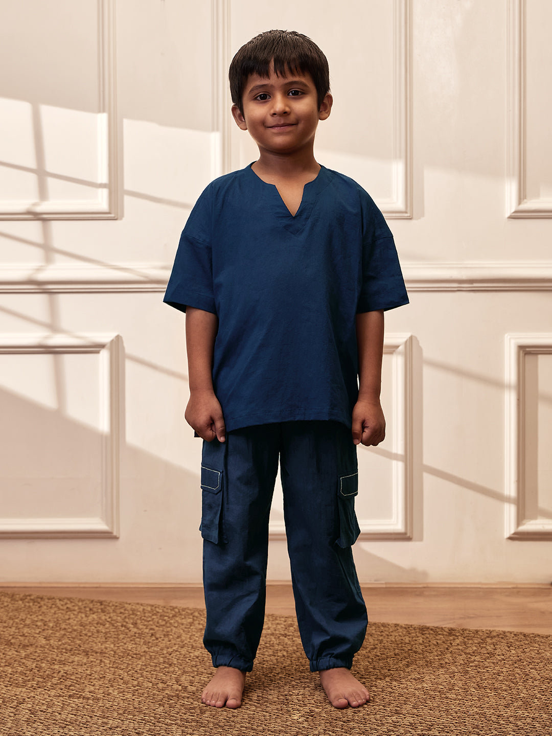 Boy's Navy Blue Solid Cotton Yoga Kurta Set With Cargo Pants