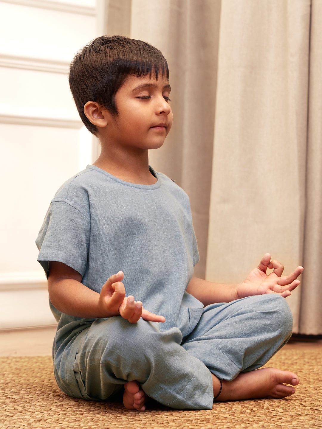 Boy's Aqua Solid Cotton Yoga Kurta Set With Trouser