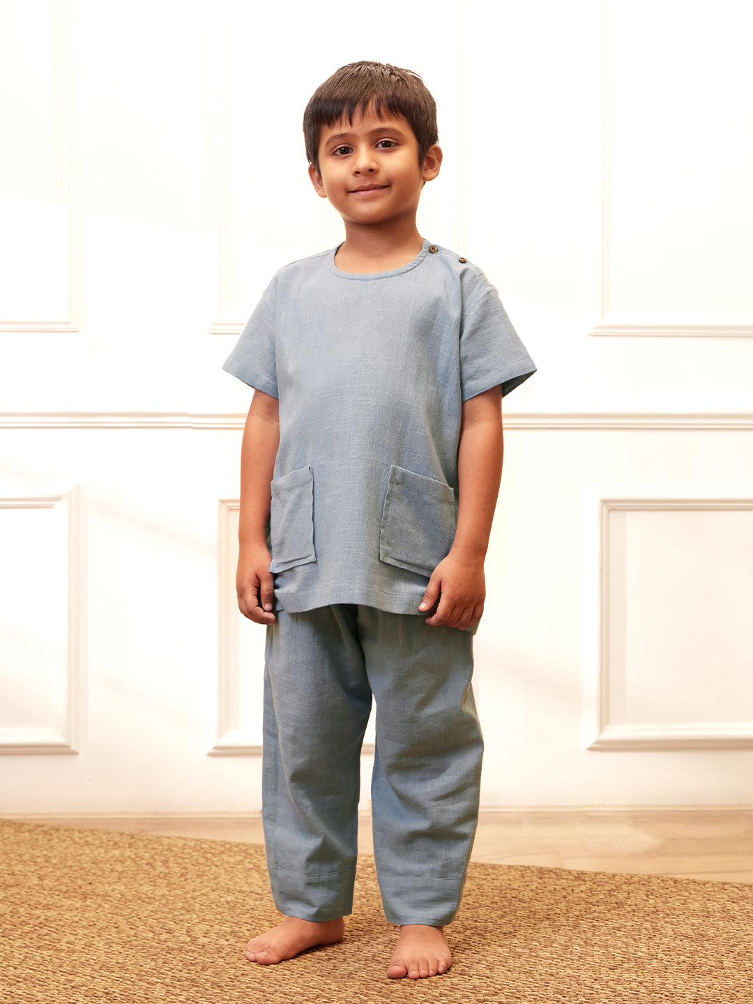 Boy's Aqua Solid Cotton Yoga Kurta Set With Trouser