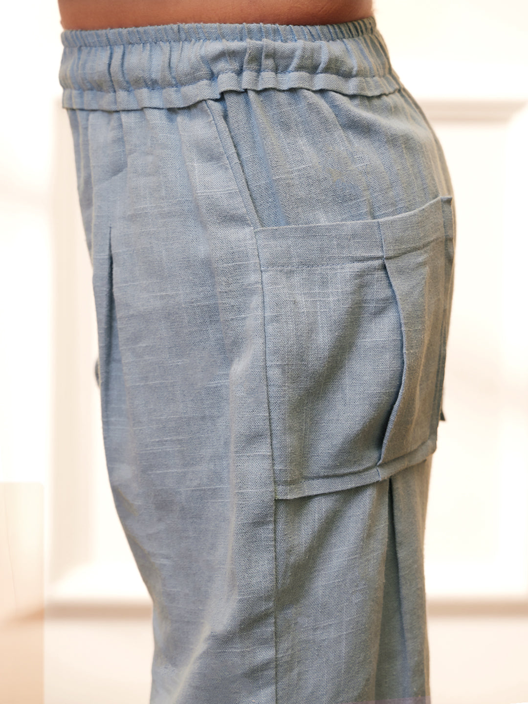 Boy's Aqua Solid Cotton Yoga Kurta Set With Trouser