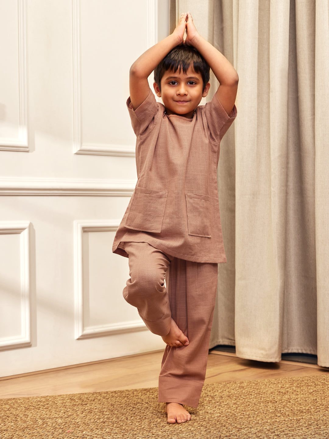 Boy's Rose Pink Solid Cotton Yoga Kurta Set With Trouser