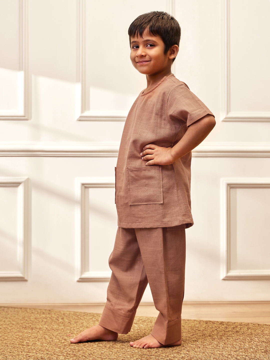 Boy's Rose Pink Solid Cotton Yoga Kurta Set With Trouser
