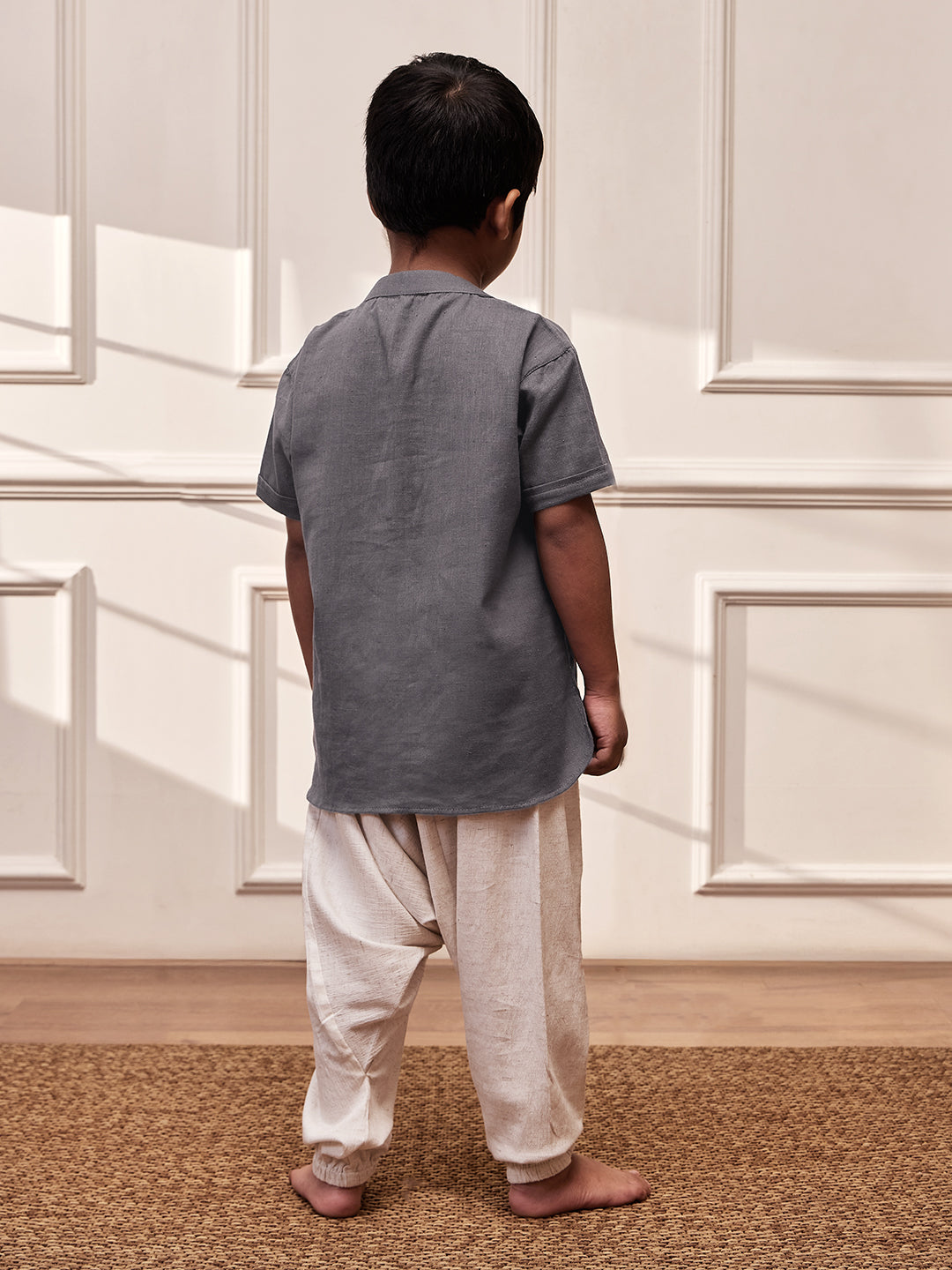 Boy's Grey Cotton Yoga Kurta Set With Harem Pants - Kids Sizes