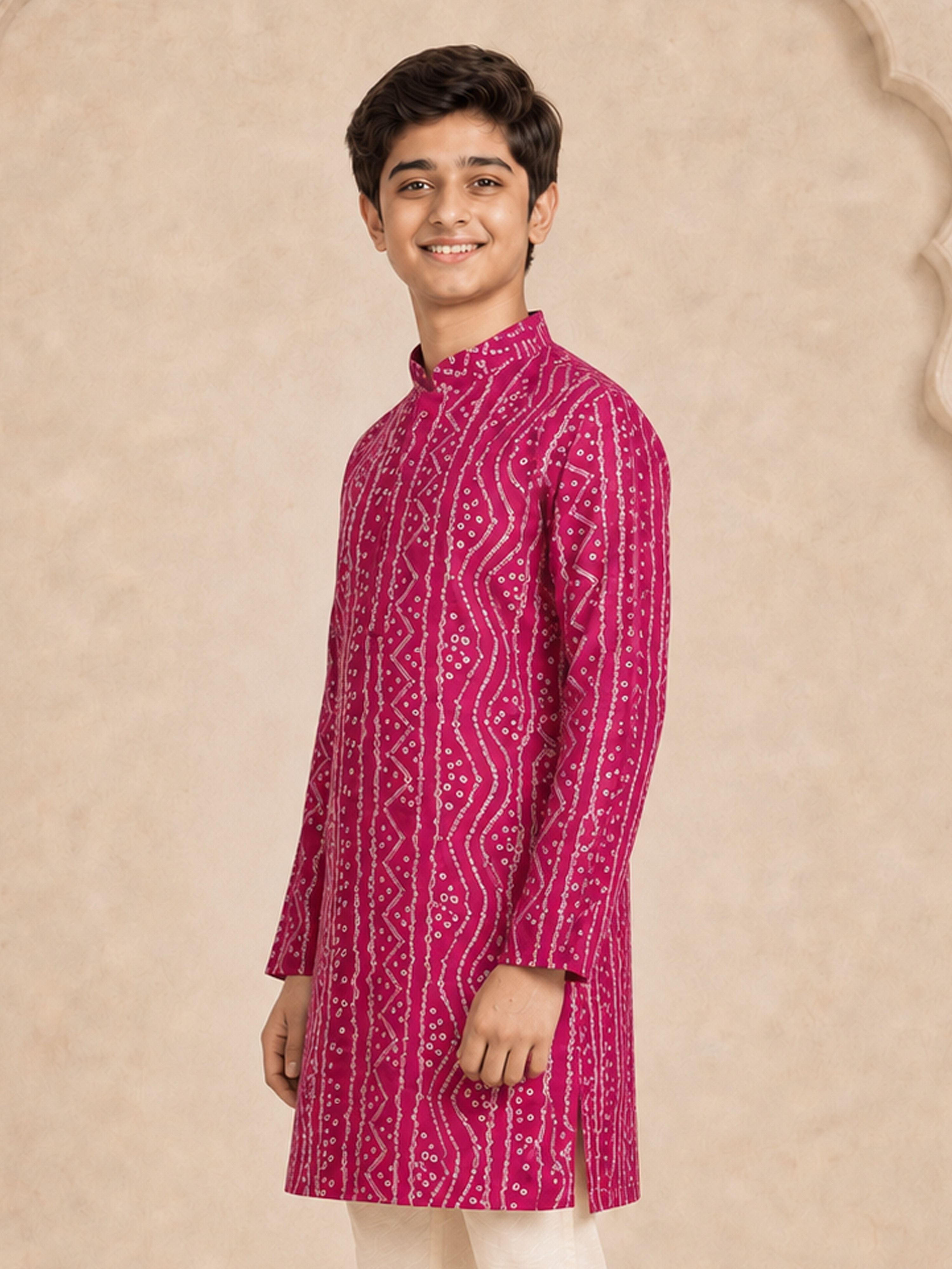Boy's Fuchsia Rayon Digital Print Knee Length Kurta