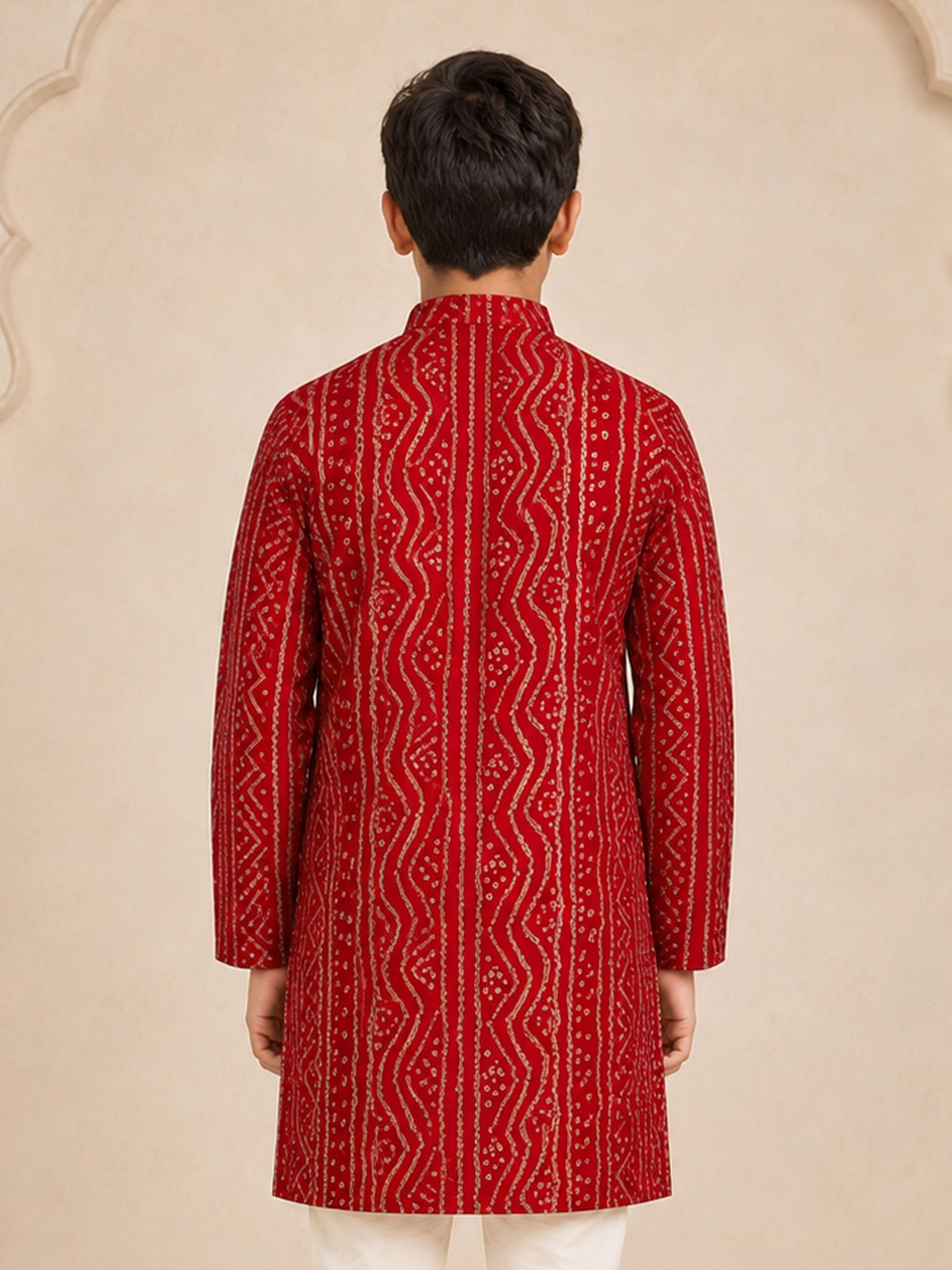Boy's Red Rayon Digital Print Knee Length Kurta