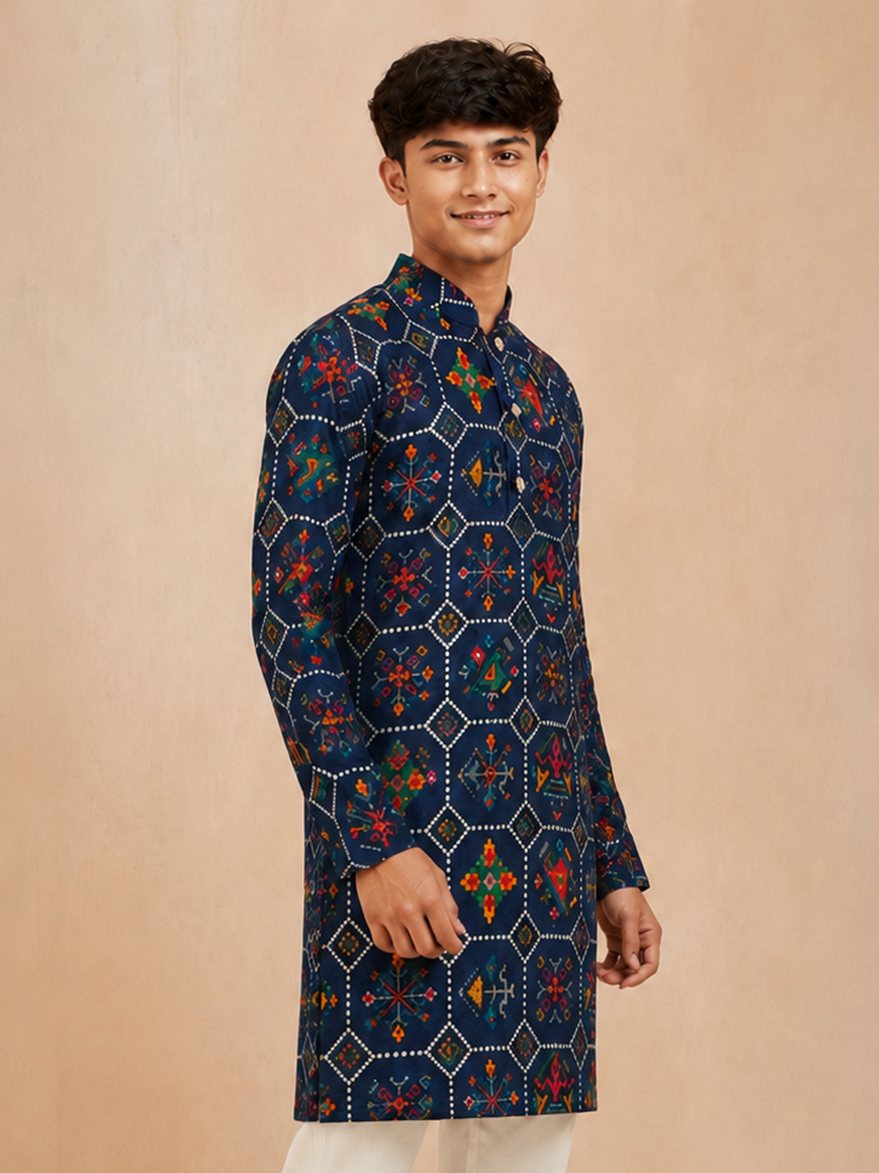 Boy's Navy Blue Rayon Geometric Print Knee Length Kurta