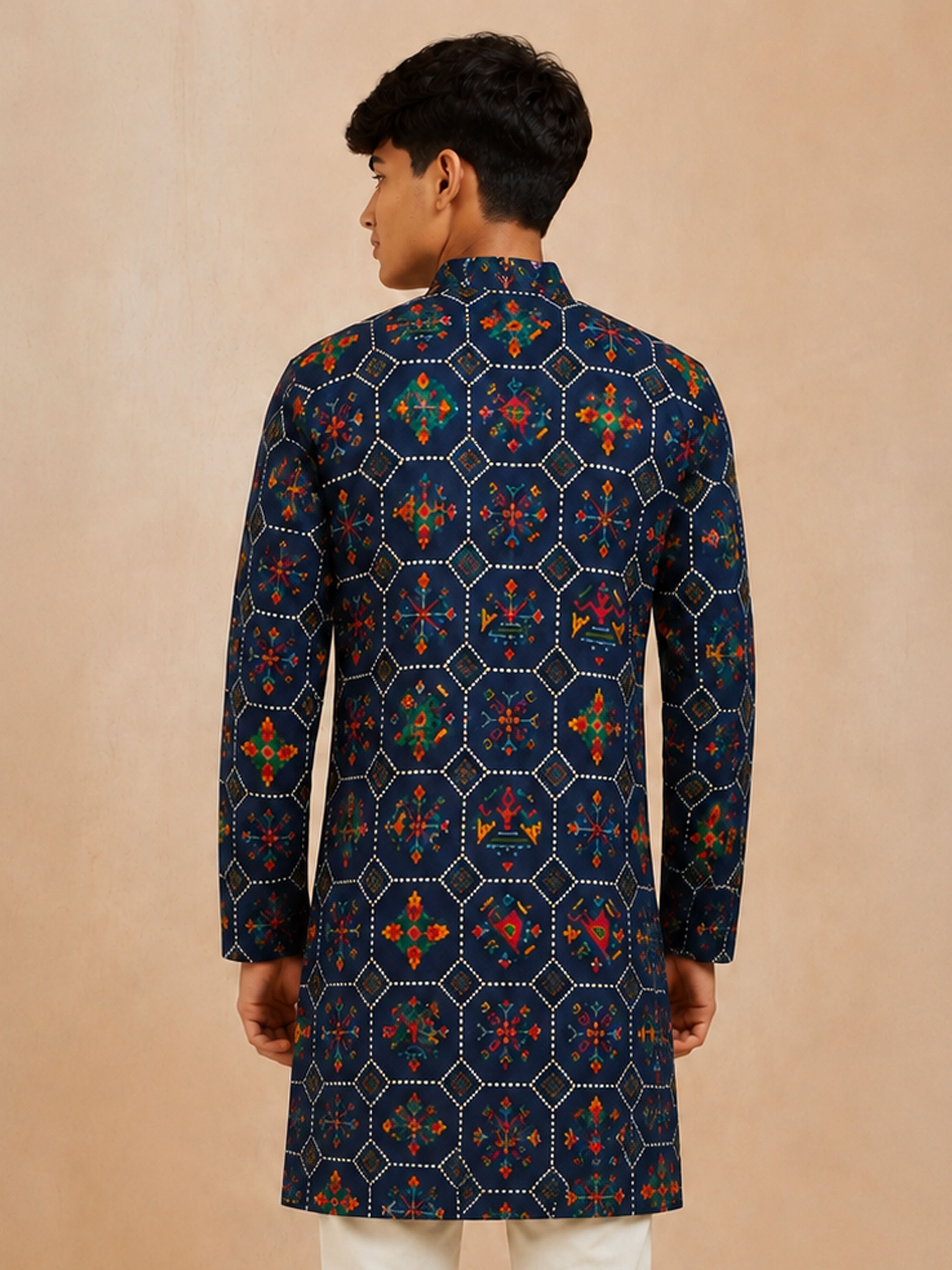 Boy's Navy Blue Rayon Geometric Print Knee Length Kurta