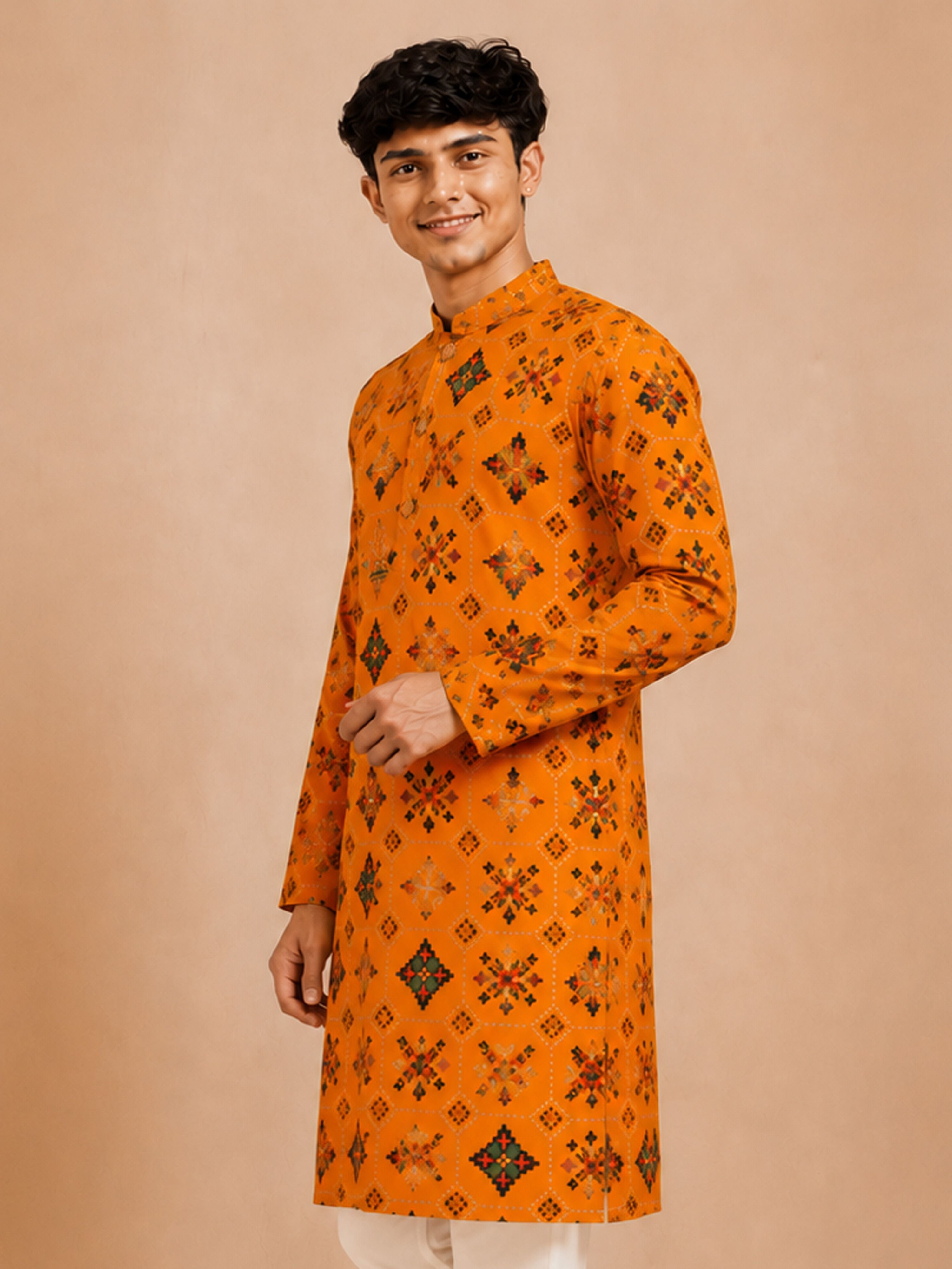 Boy's Mustard Rayon Geometric Print Knee Length Kurta