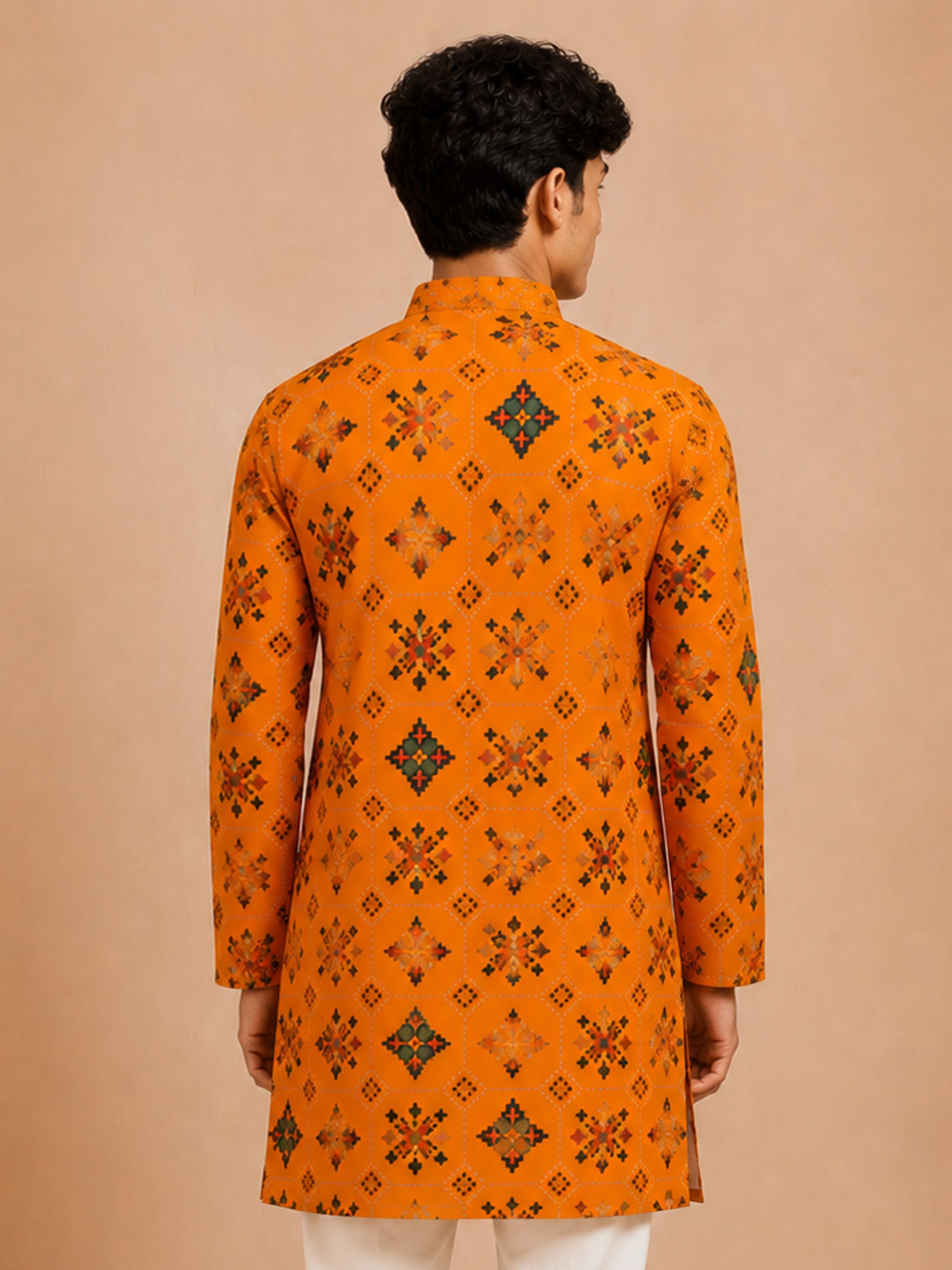 Boy's Mustard Rayon Geometric Print Knee Length Kurta