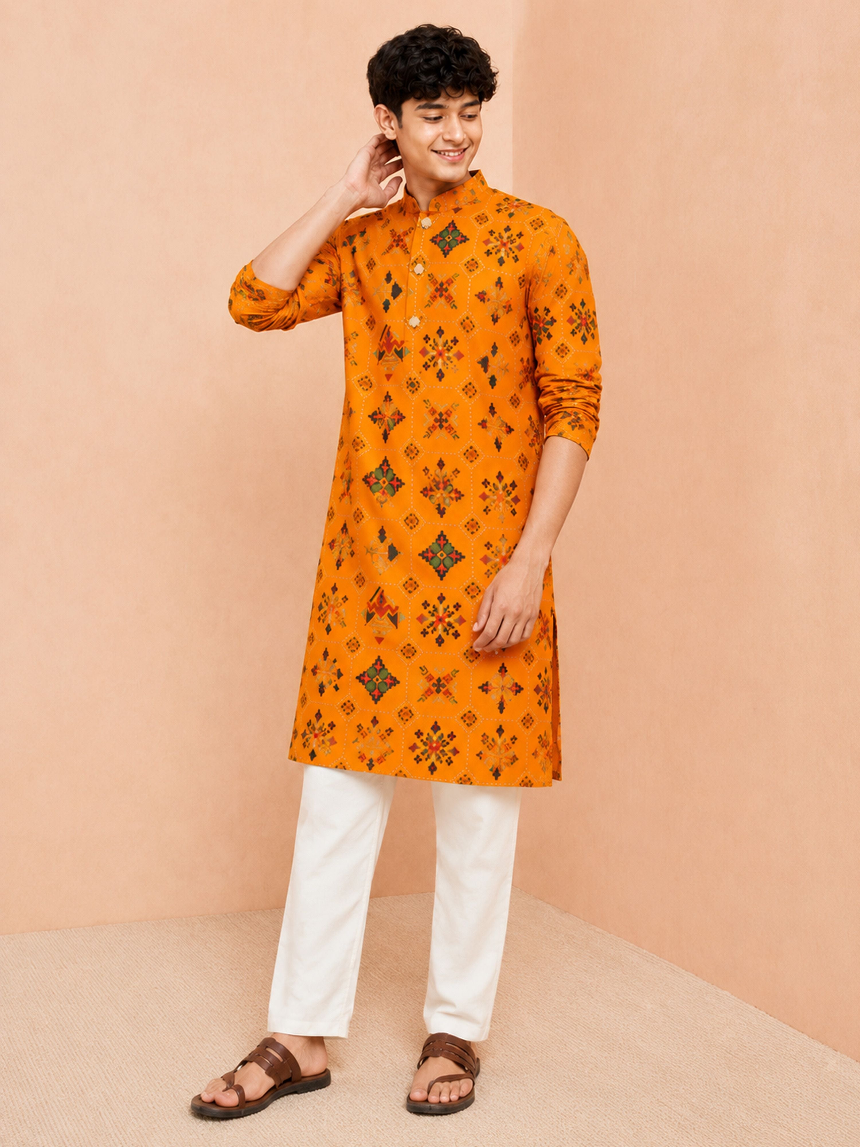 Boy's Mustard Rayon Geometric Print Knee Length Kurta