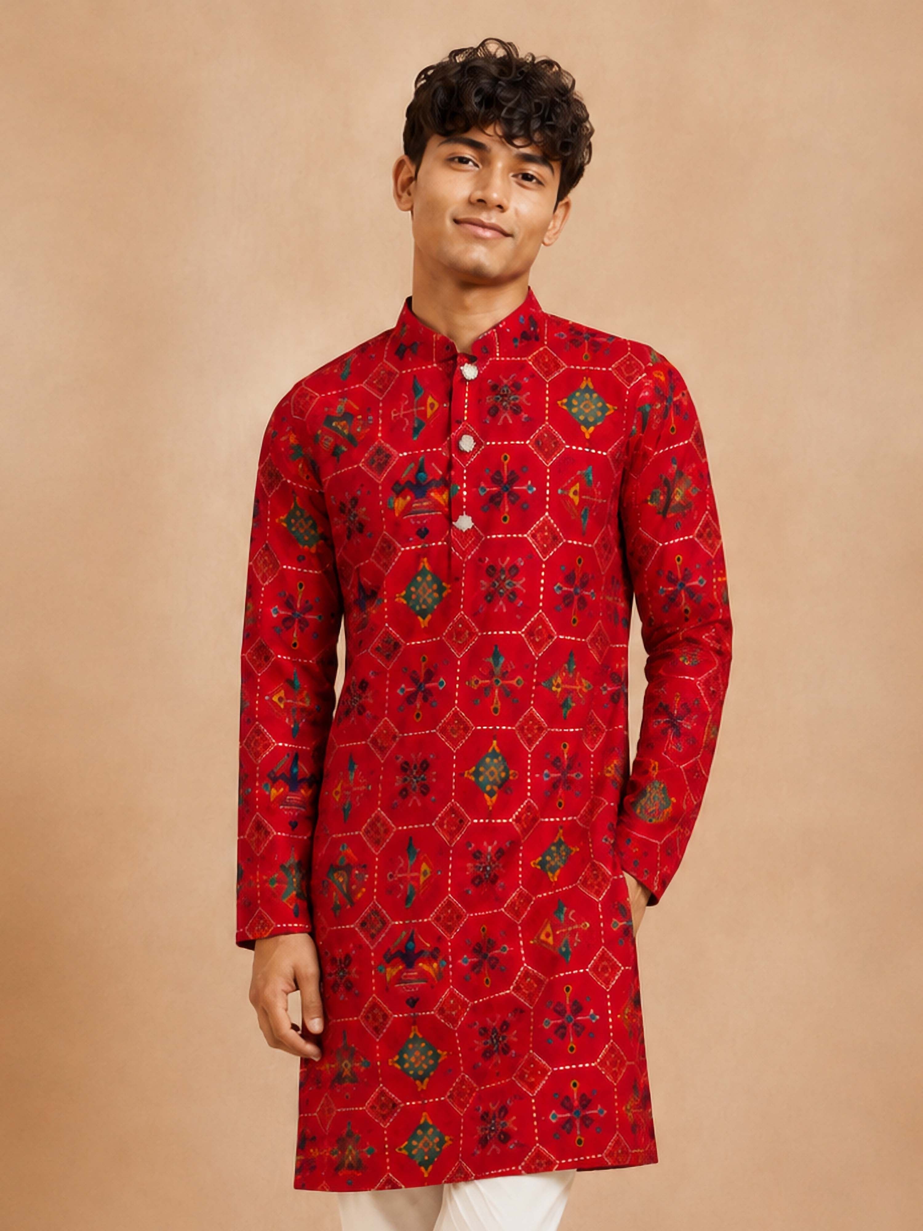 Boy Red Rayon Kurta Festive, Festive Glitz, Indated Traditions, Summer / Casual, All regions Ethnic Wear