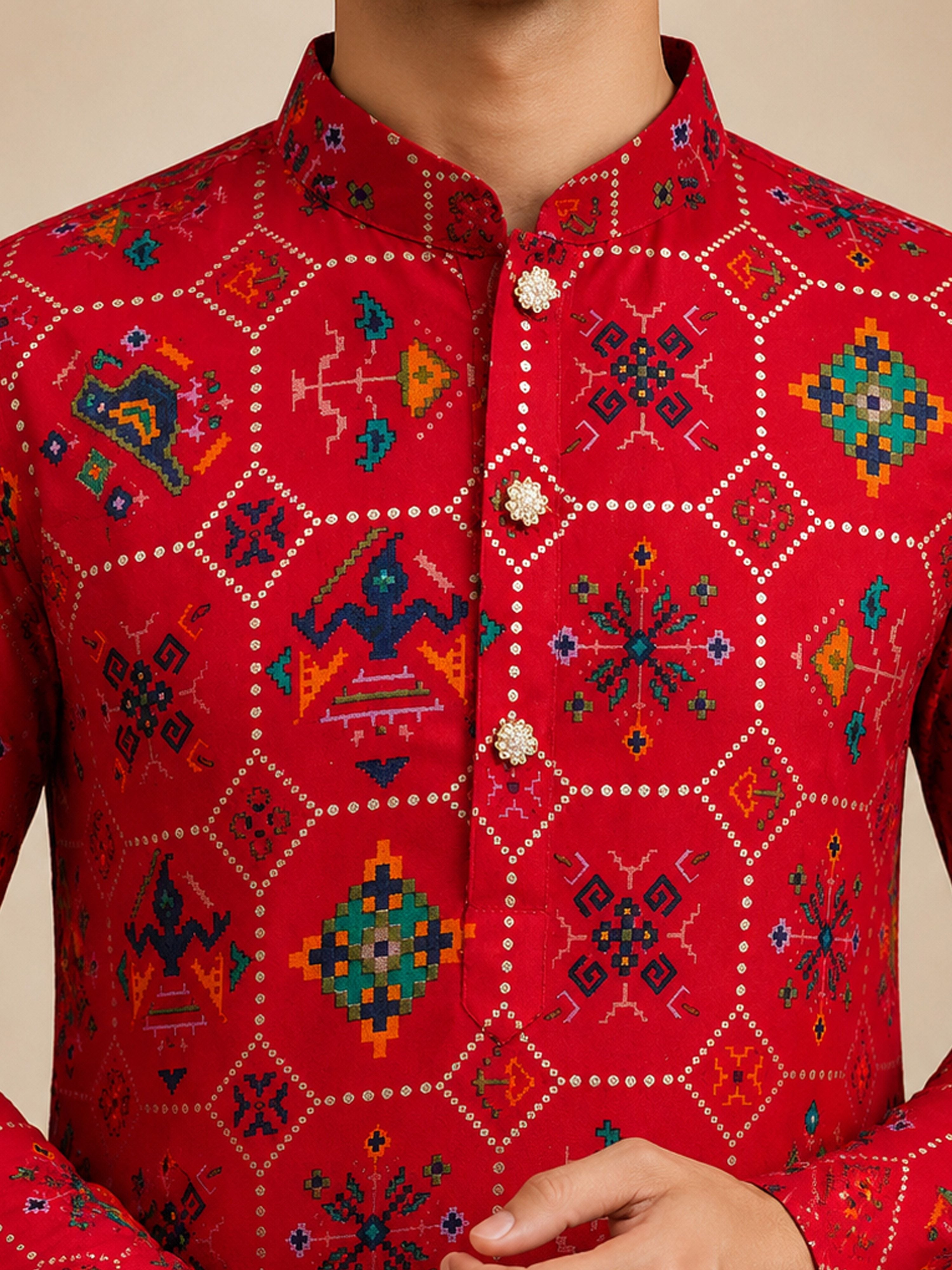 Boy's Red Rayon Geometric Print Knee Length Kurta