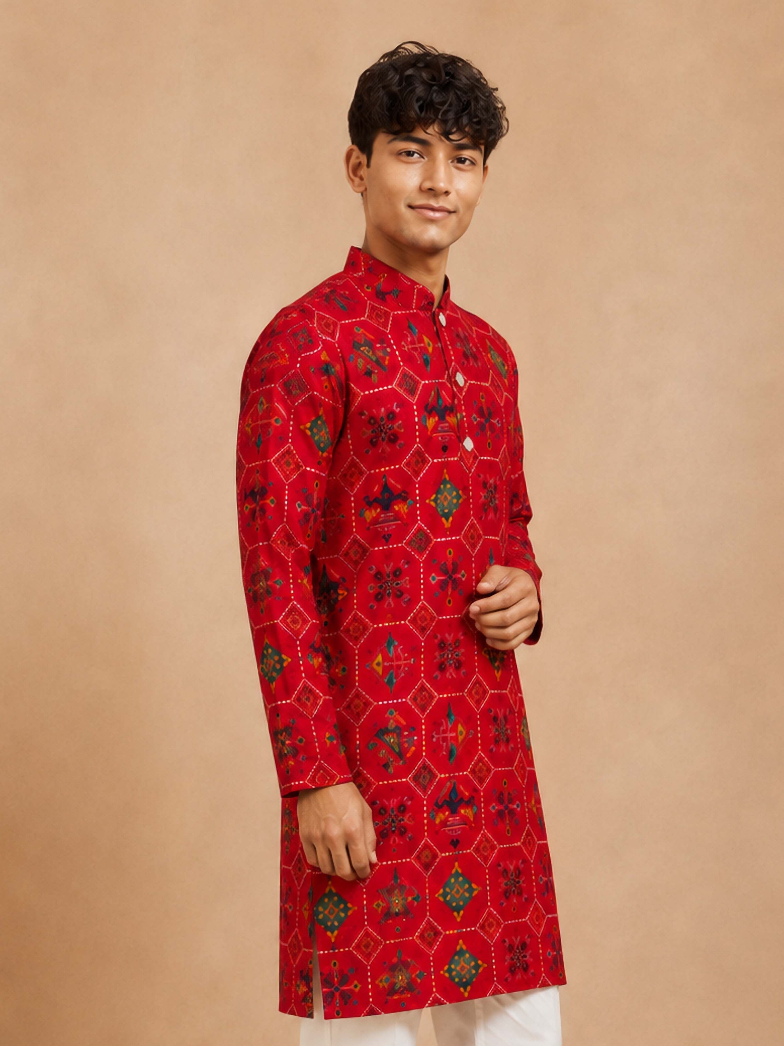 Boy's Red Rayon Geometric Print Knee Length Kurta