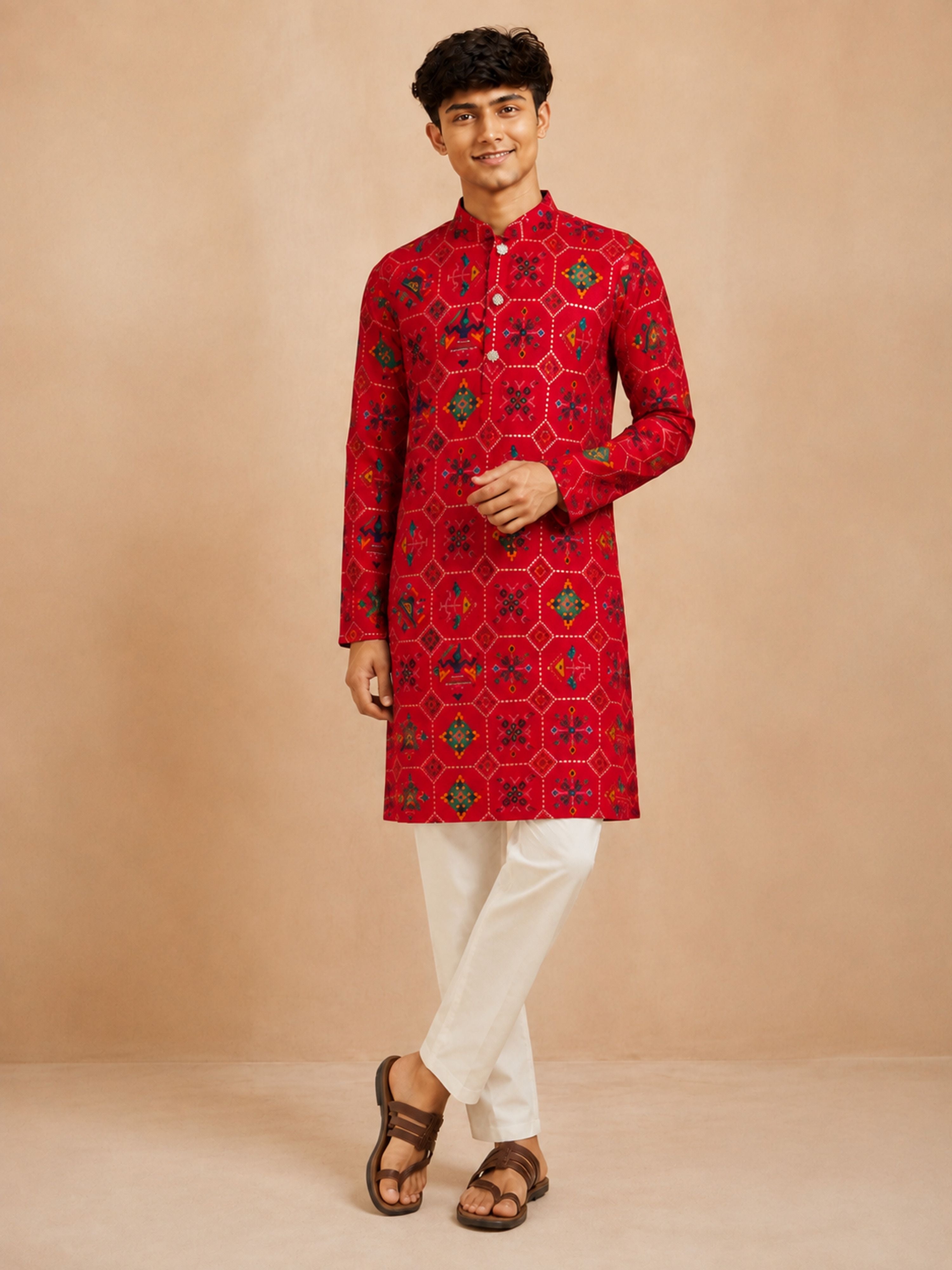 Boy's Red Rayon Geometric Print Knee Length Kurta