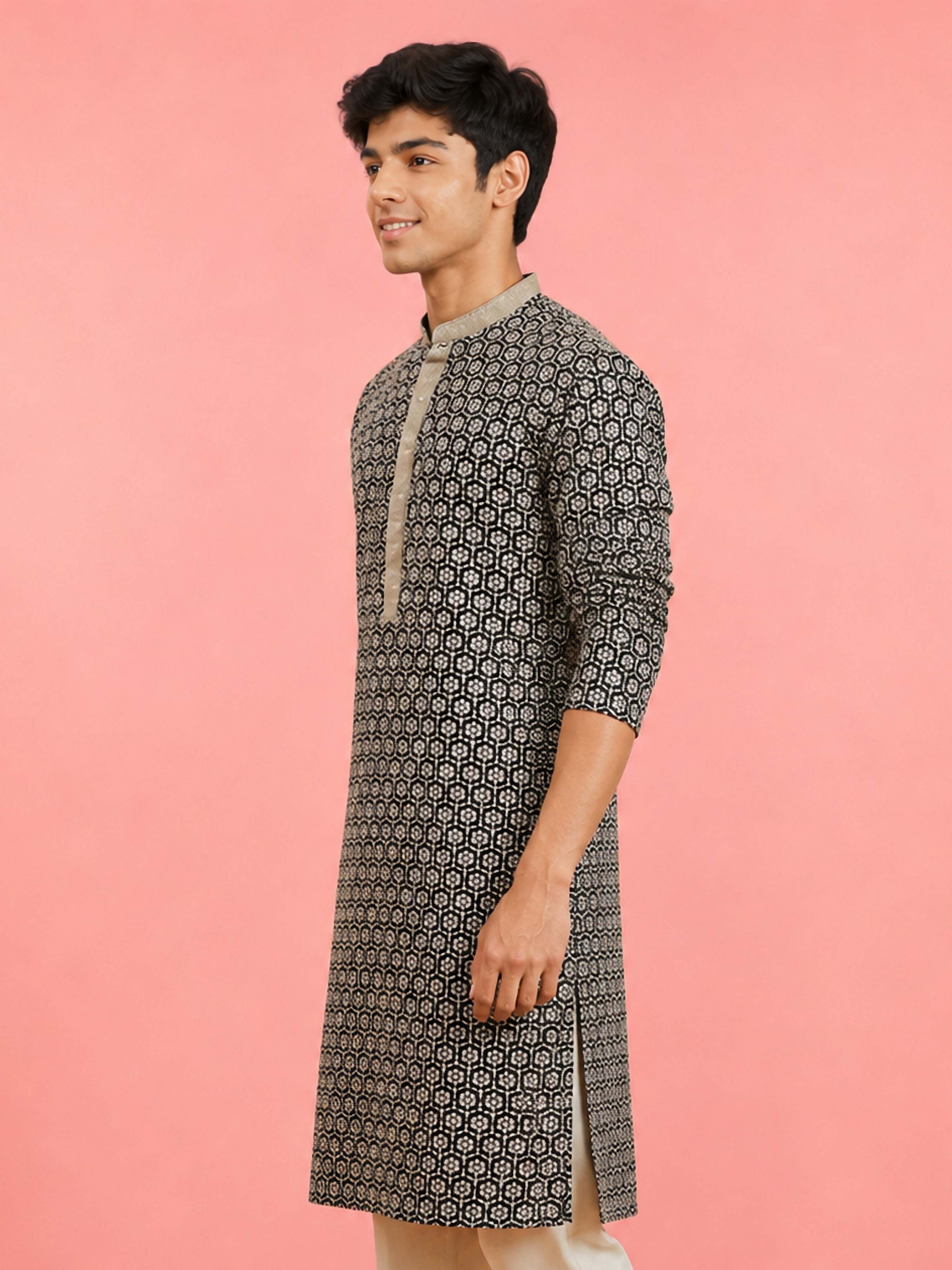 Boy's Black Rayon Embroidered Knee Length Kurta