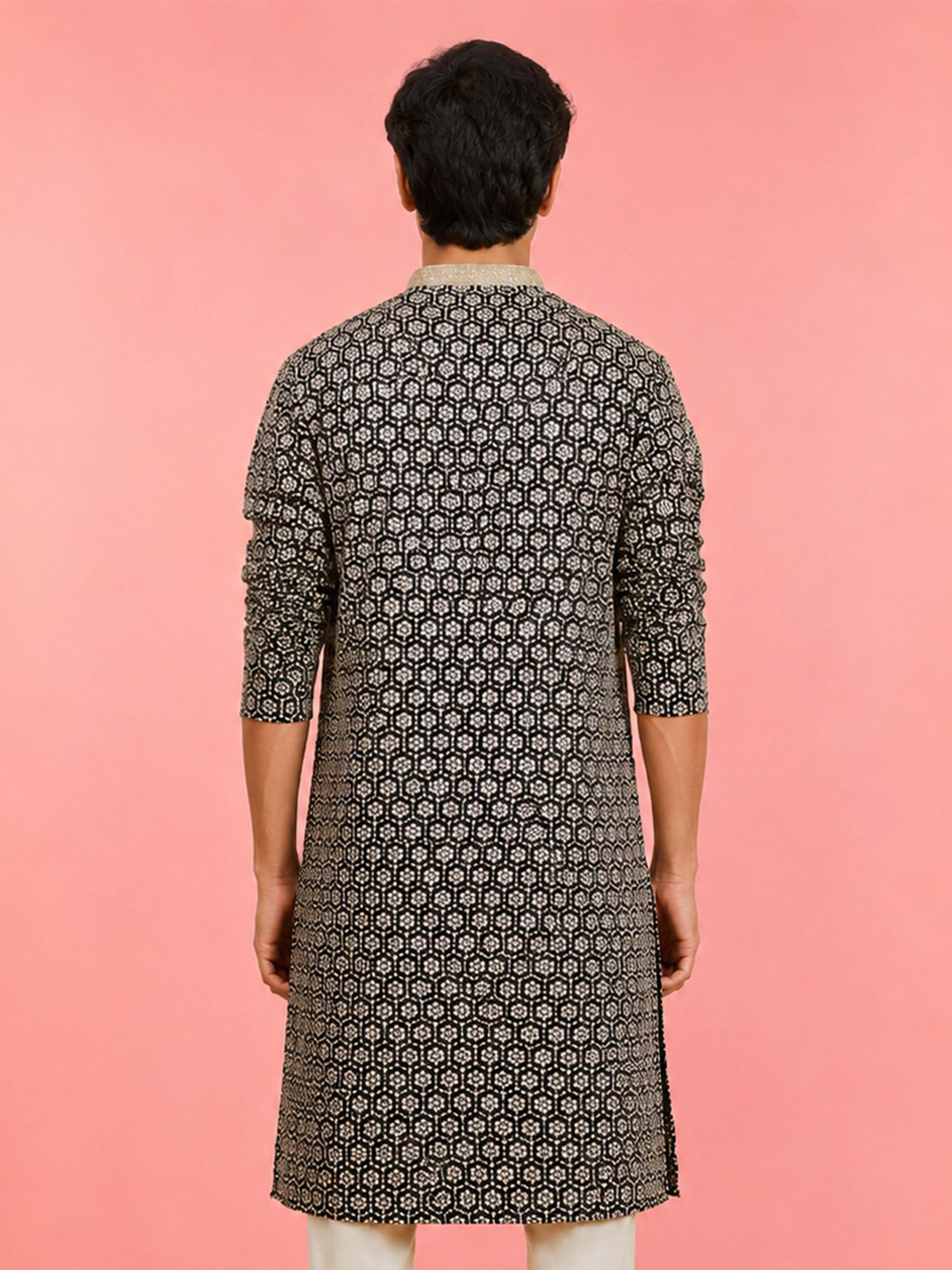Boy's Black Rayon Embroidered Knee Length Kurta