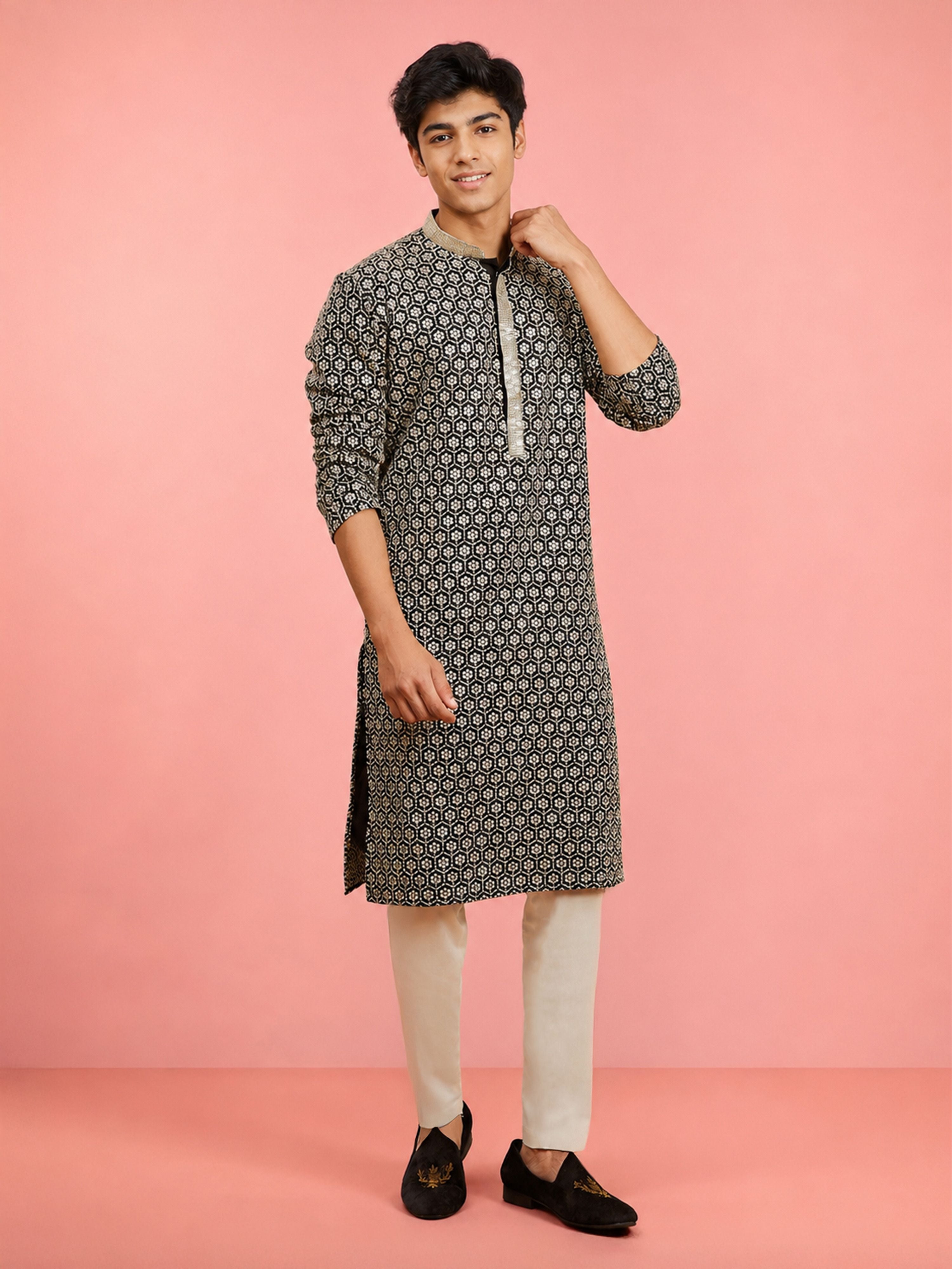 Boy's Black Rayon Embroidered Knee Length Kurta