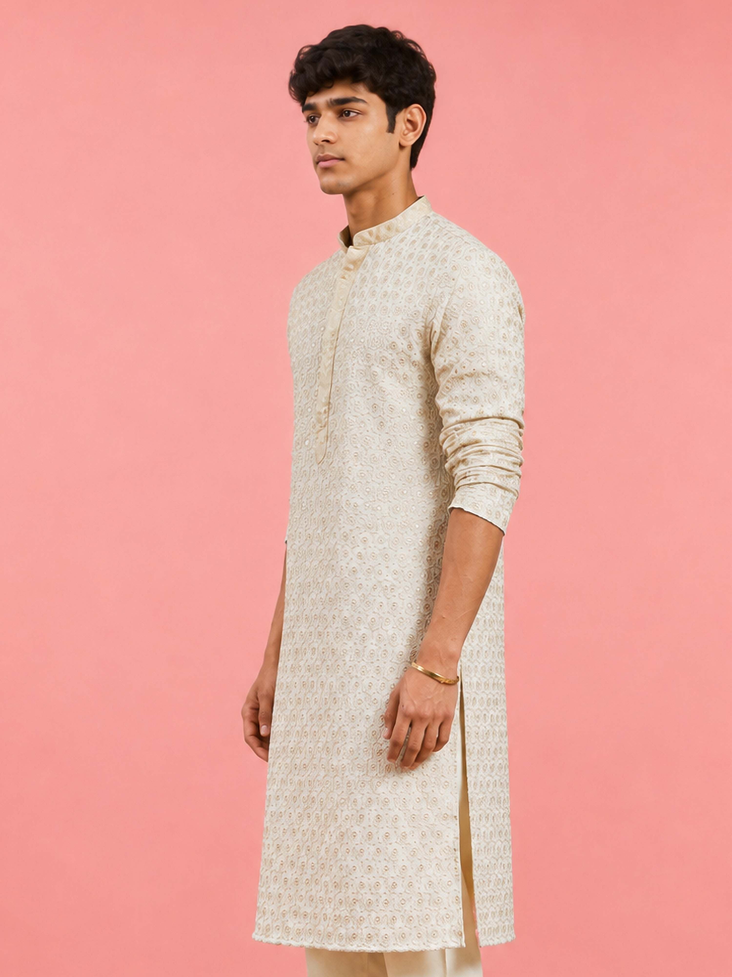Boy's Off-White Rayon Embroidered Knee Length Kurta
