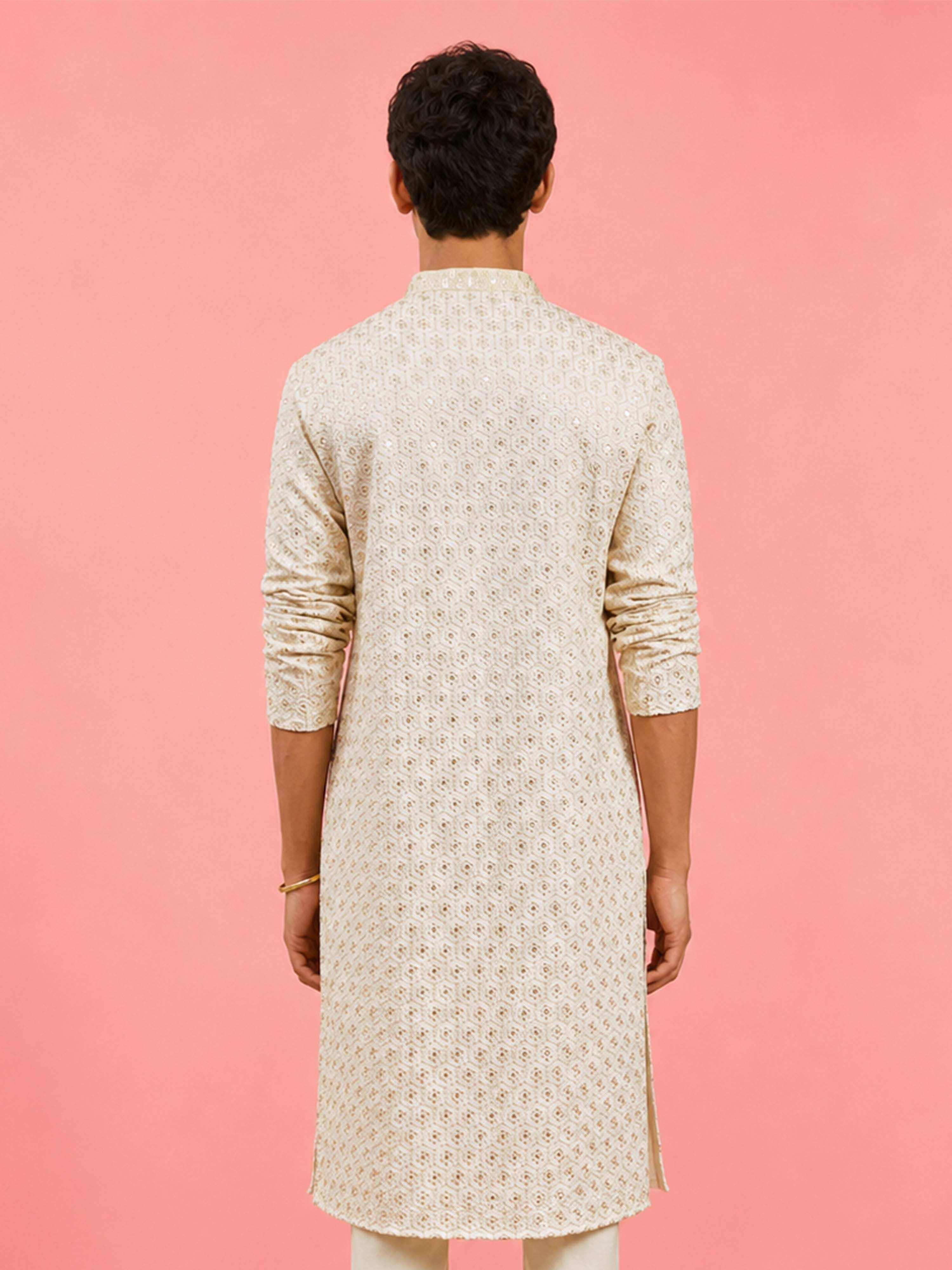 Boy's Off-White Rayon Embroidered Knee Length Kurta
