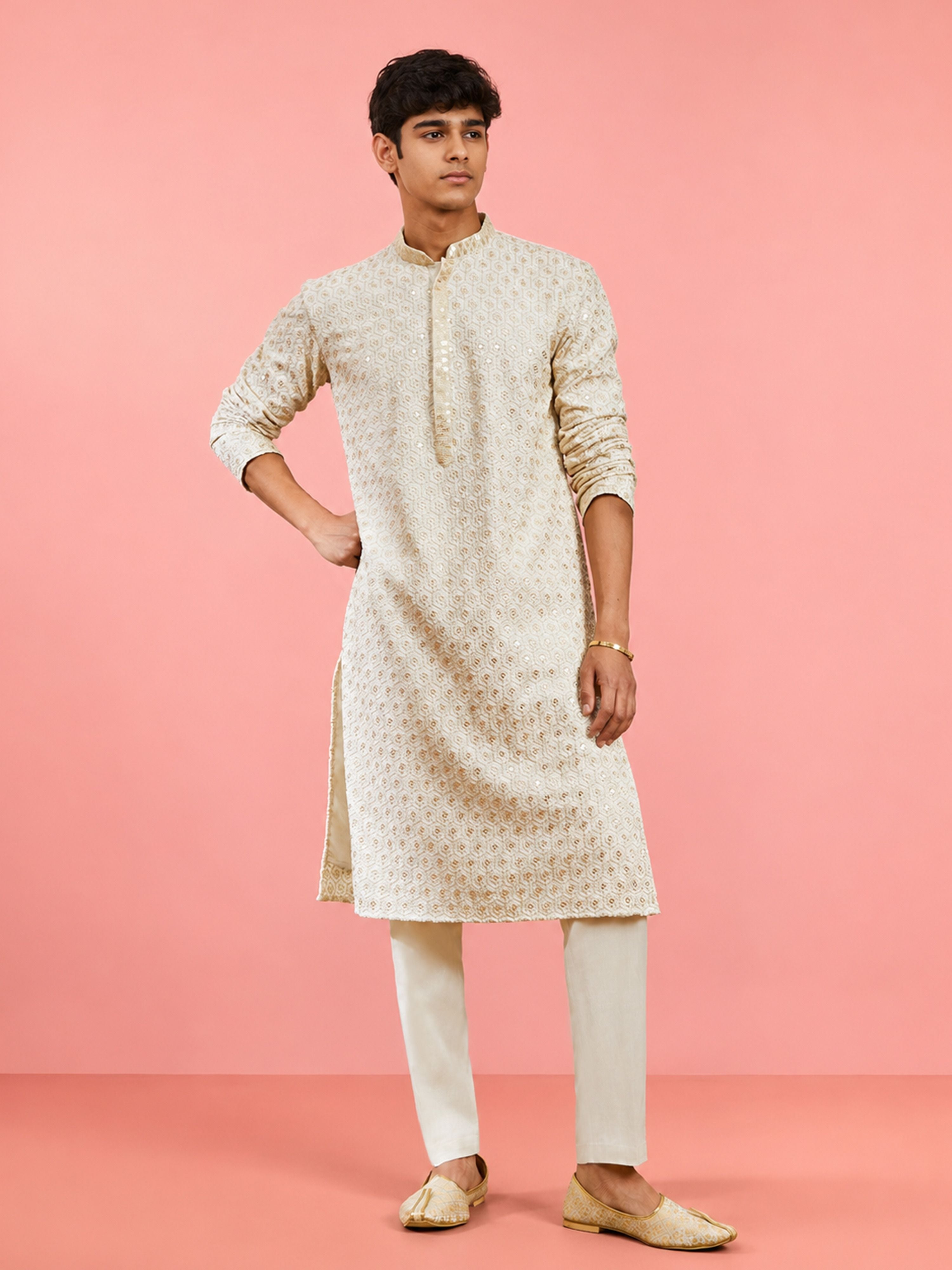 Boy's Off-White Rayon Embroidered Knee Length Kurta
