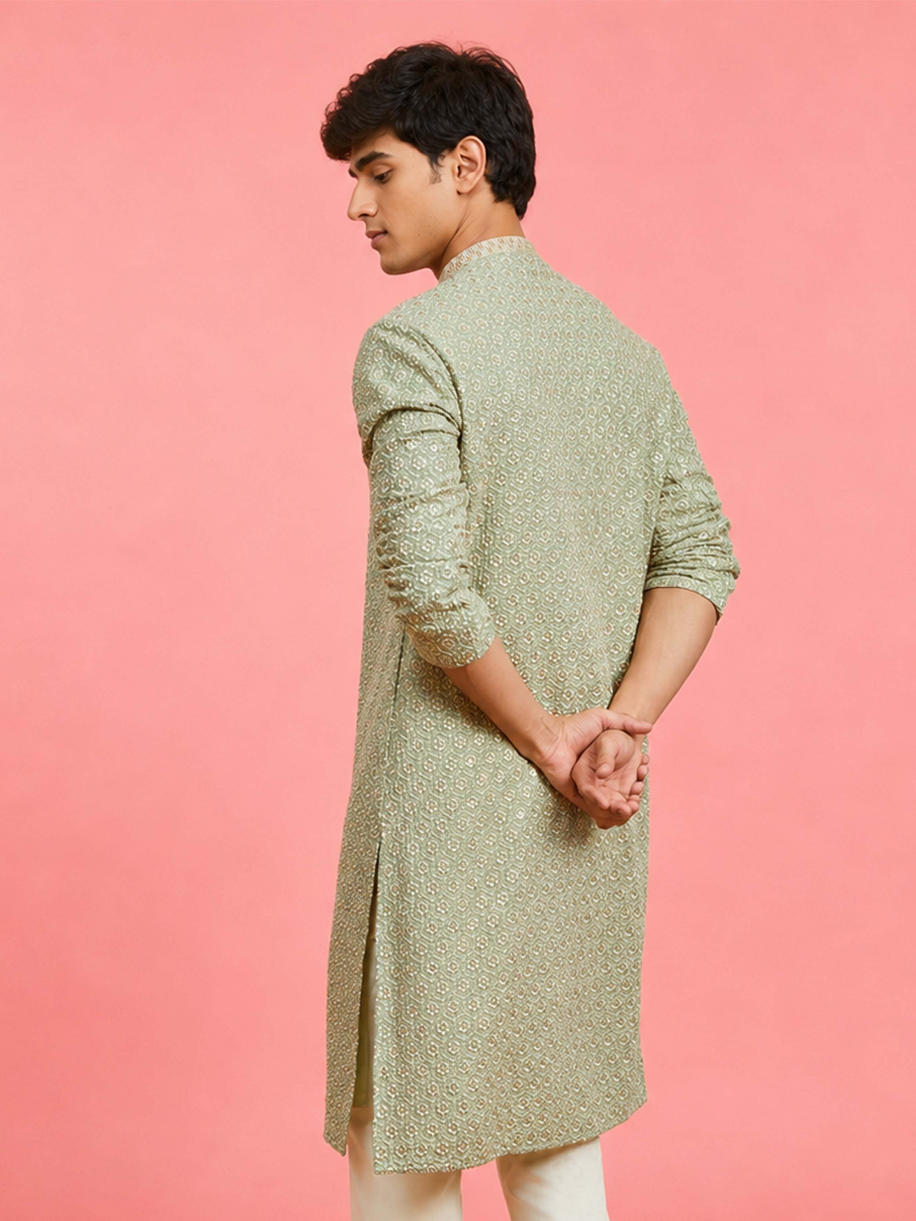 Boy's Light Green Rayon Embroidered Knee Length Kurta